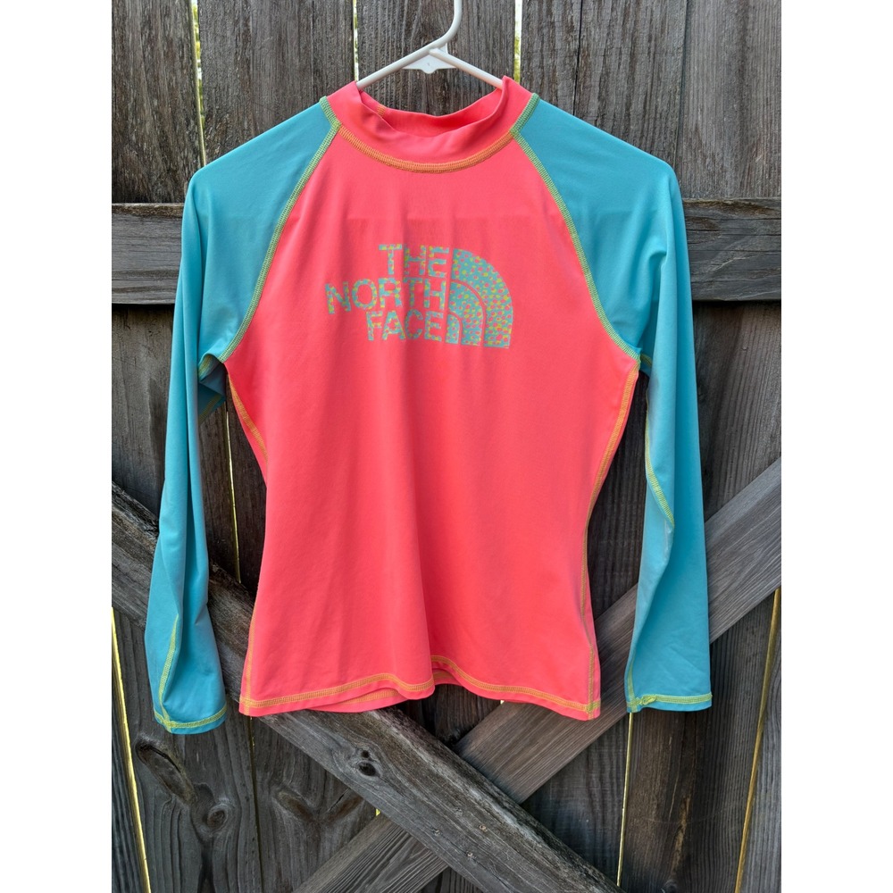 The North Face Girls Pink Blue Long Sleeve Rash Guard Swim Top Size L 14-16